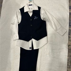 Size 4 boys three piece set. Dark blue pinstripes. Button up, vest and pants.